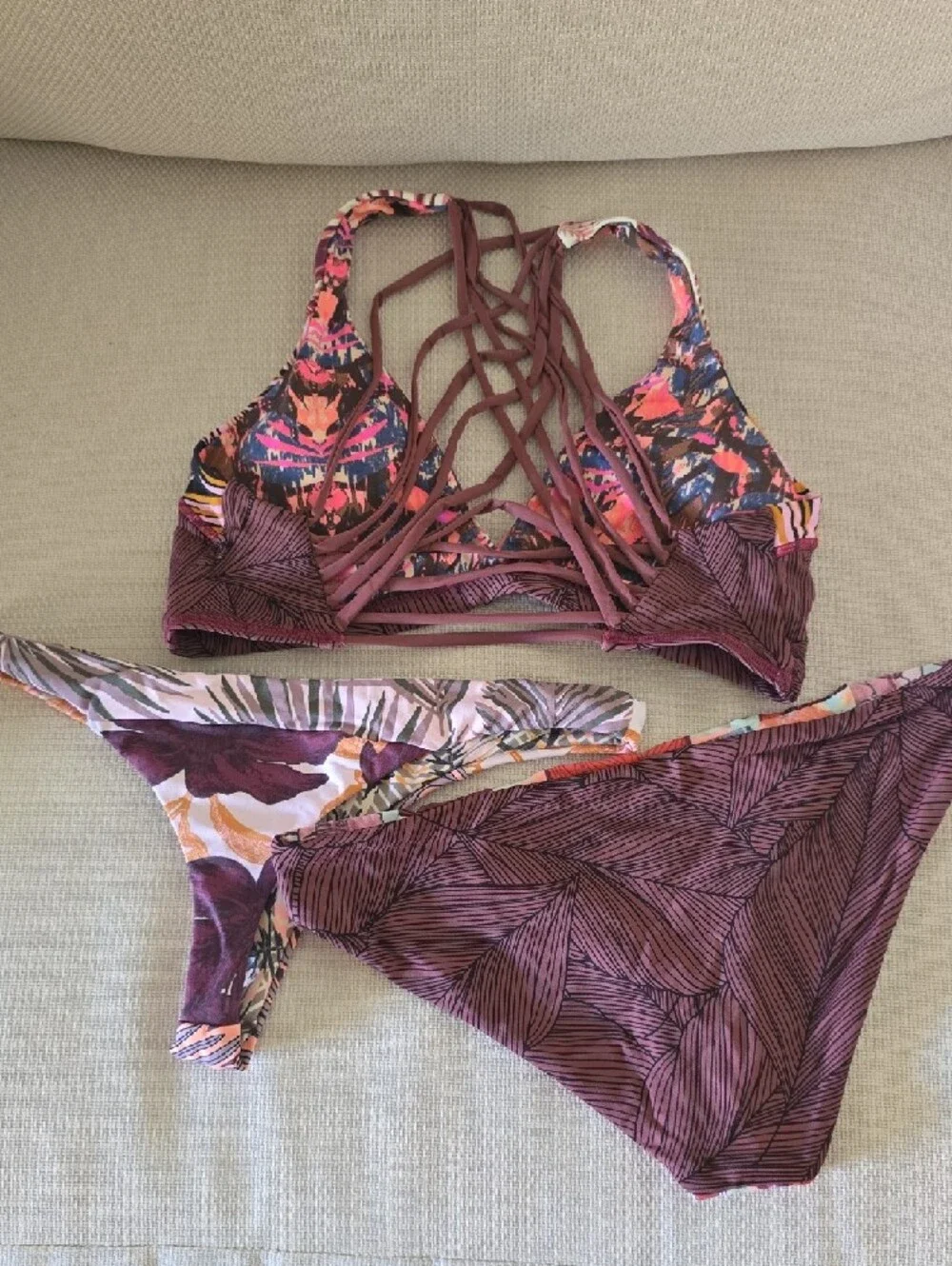 Maaji Floral Lace-Up Bikini Set in Burgundy, Coral & Mint - Picture 2 of 8